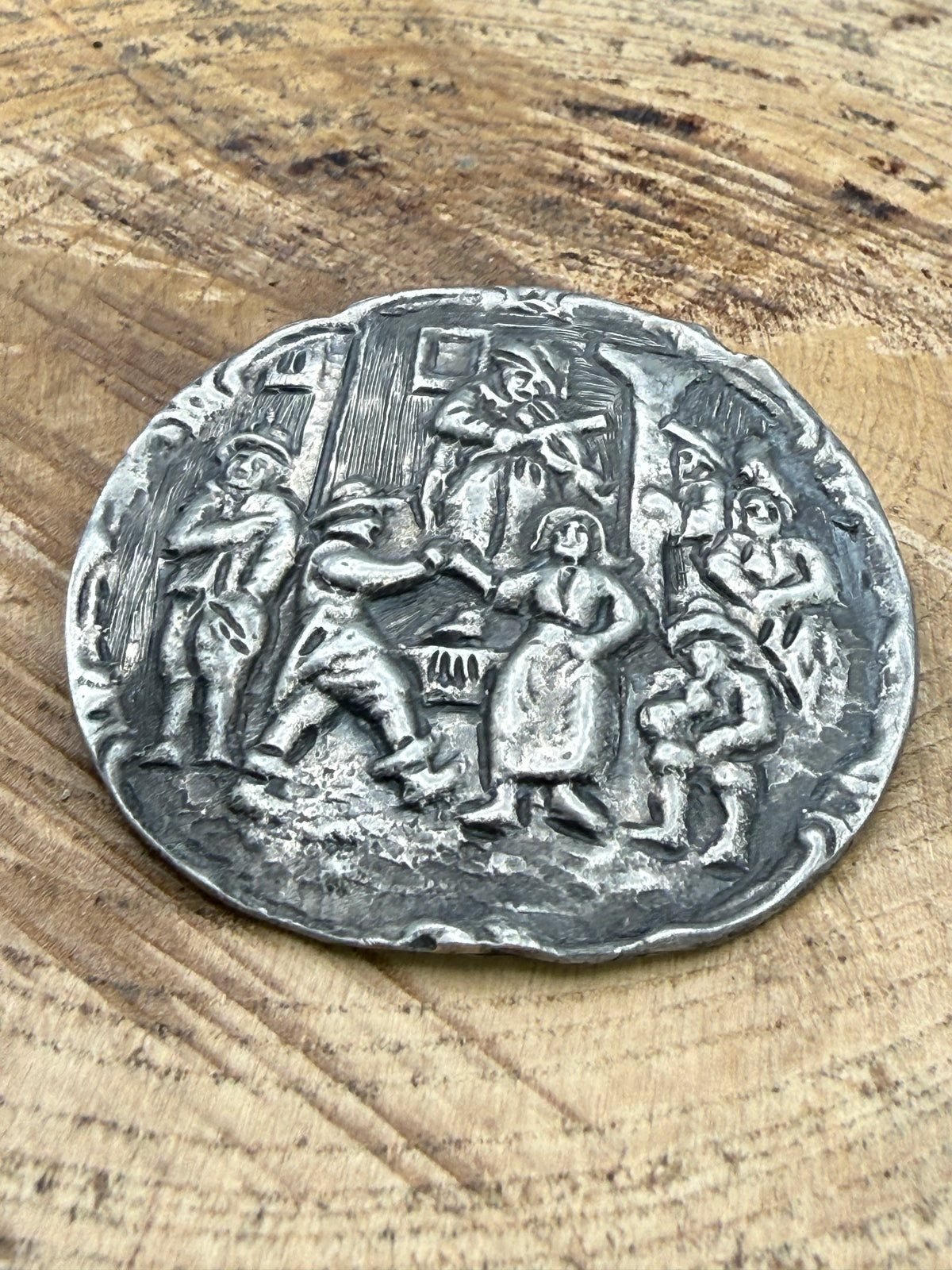 Vintage Flemish Tavern Scene Brooch, Dutch Pewter