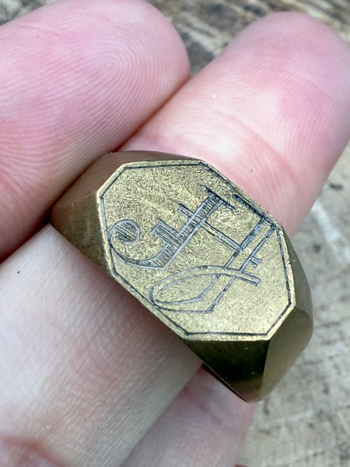 Antique Brass Monogram Signet Ring - Size Z