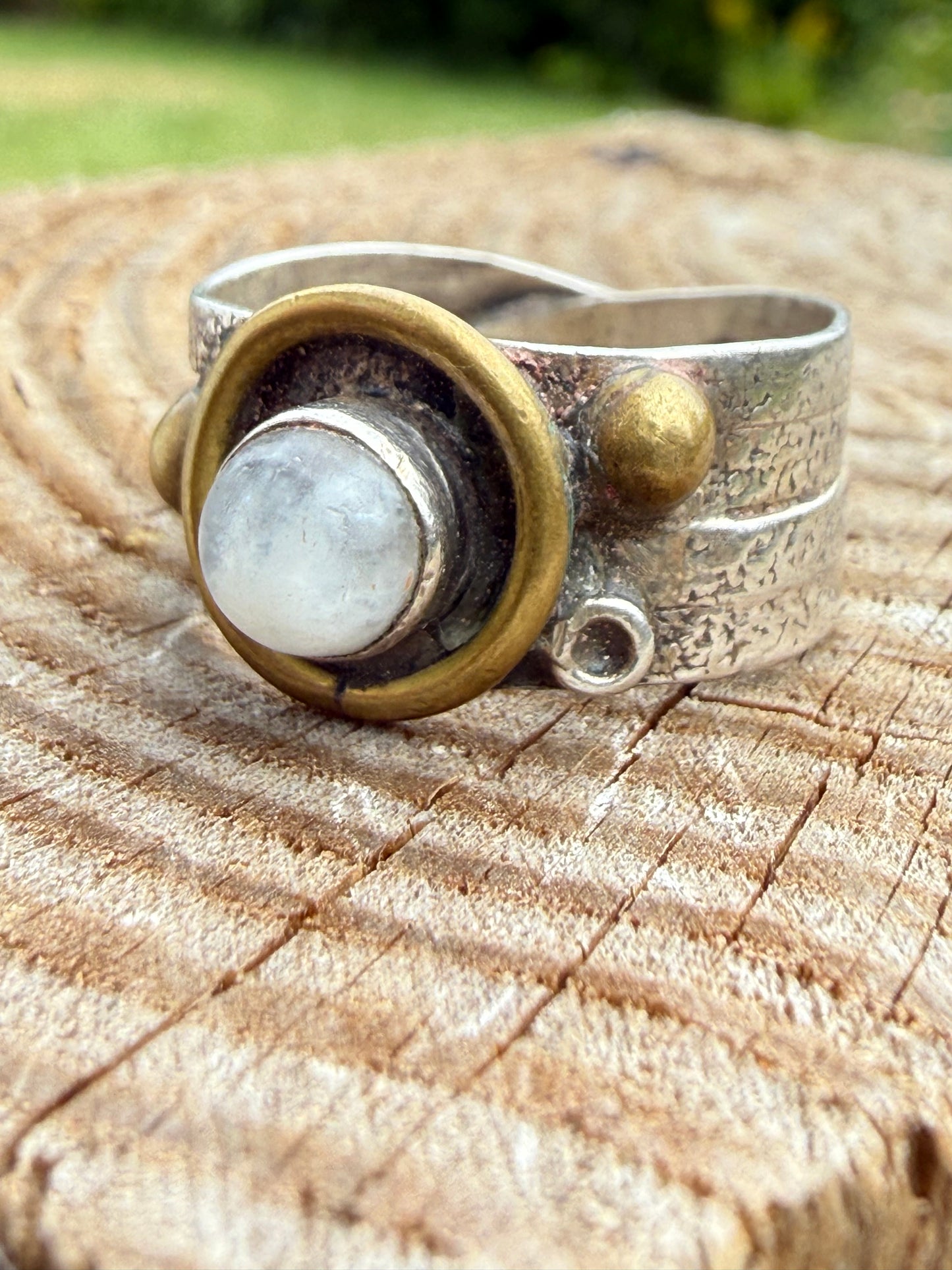 Vintage Artisan Sterling Silver & Brass Ring - Size R