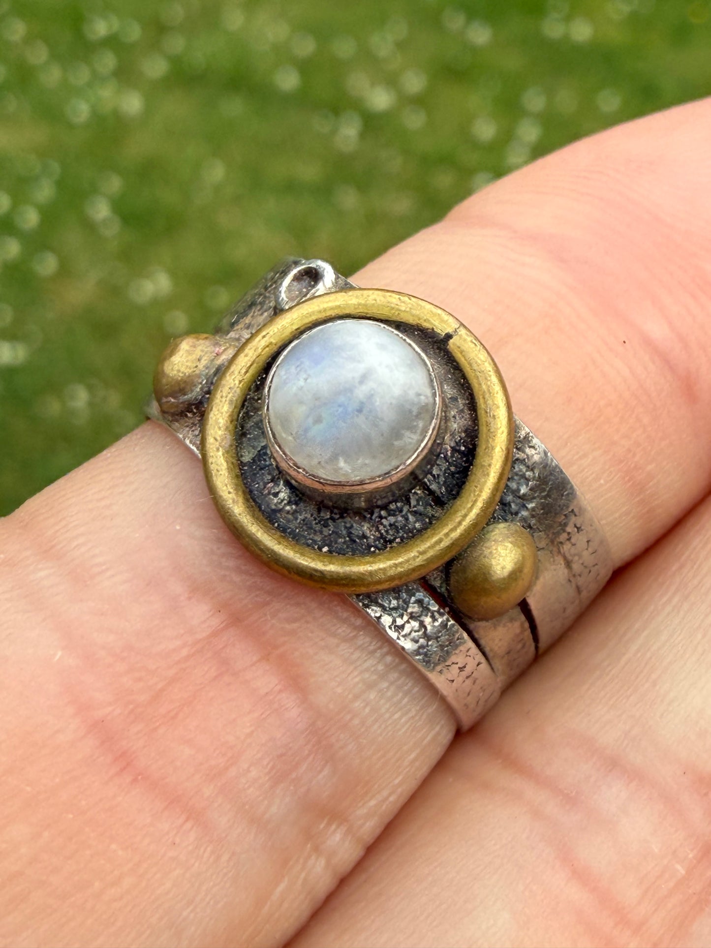 Vintage Artisan Sterling Silver & Brass Ring - Size R