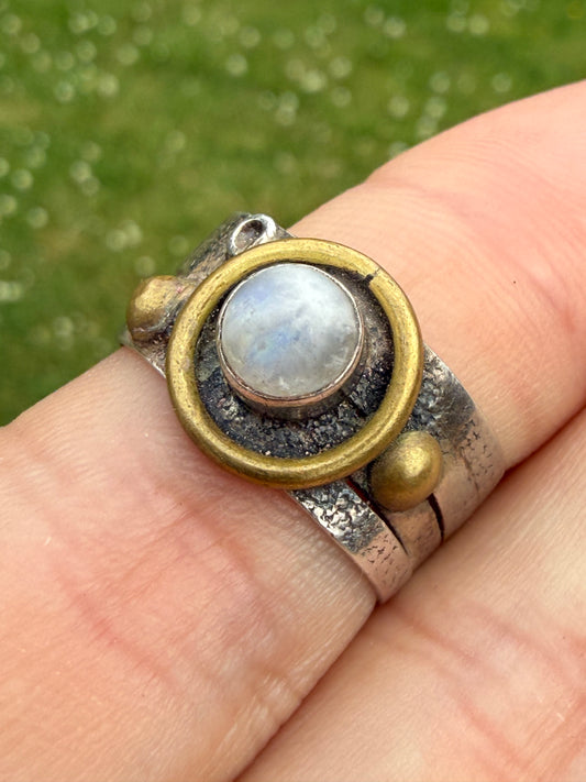 Vintage Artisan Sterling Silver & Brass Ring - Size R
