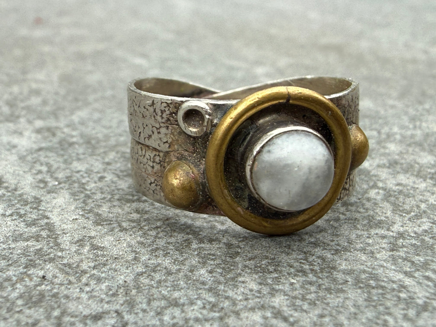 Vintage Artisan Sterling Silver & Brass Ring - Size R