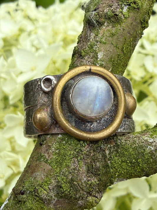 Vintage Artisan Sterling Silver & Brass Ring - Size R