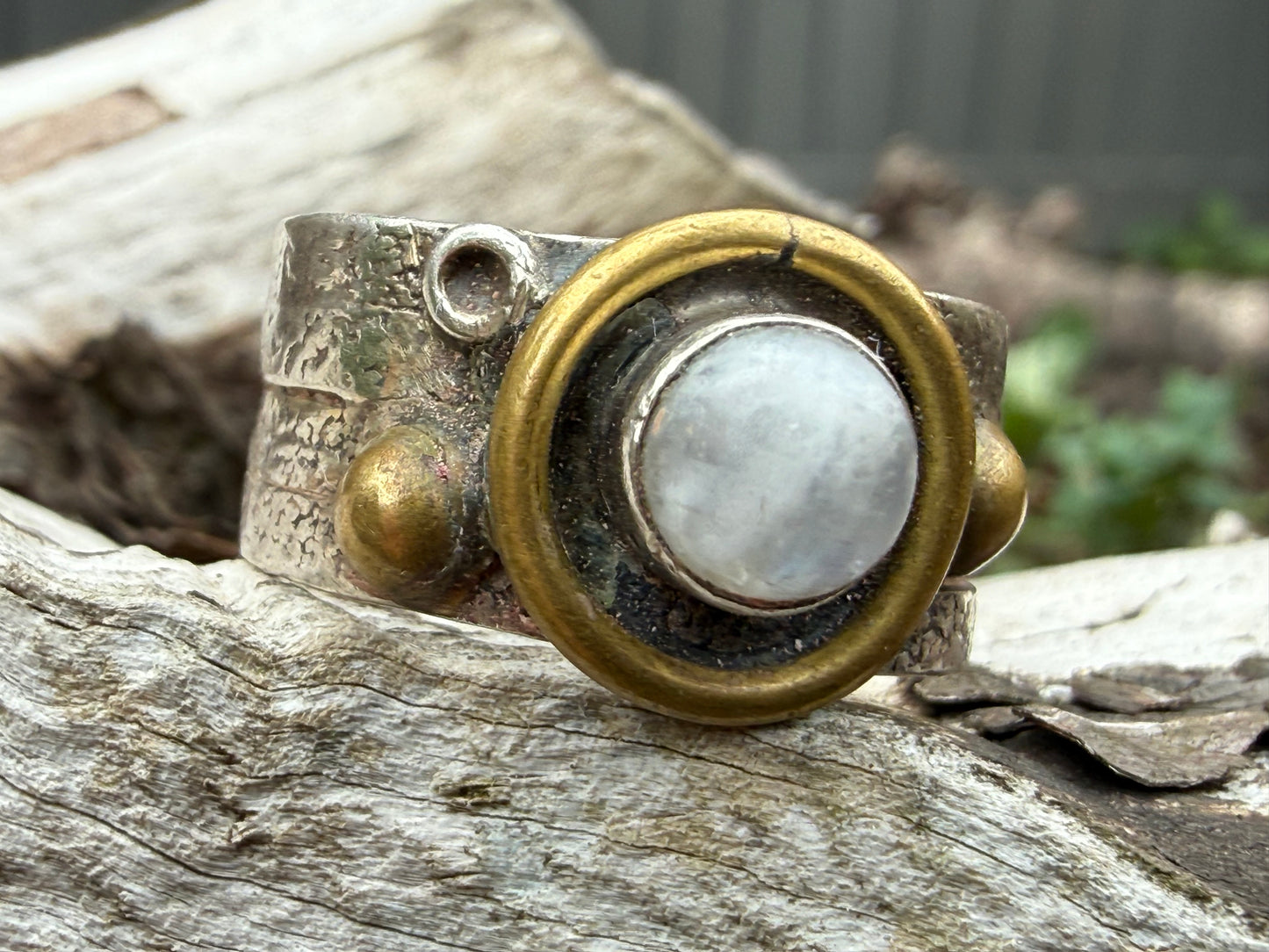 Vintage Artisan Sterling Silver & Brass Ring - Size R