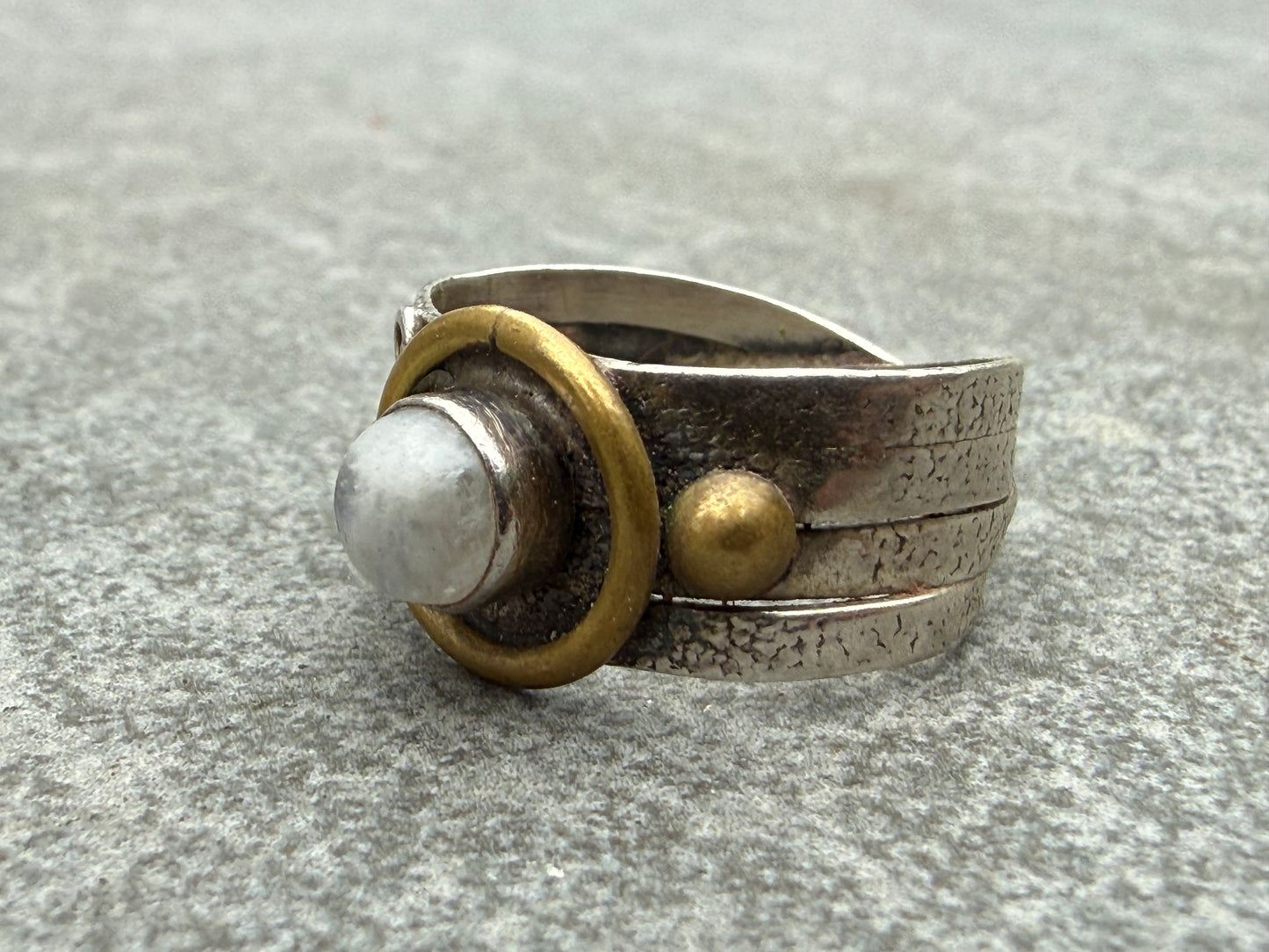 Vintage Artisan Sterling Silver & Brass Ring - Size R