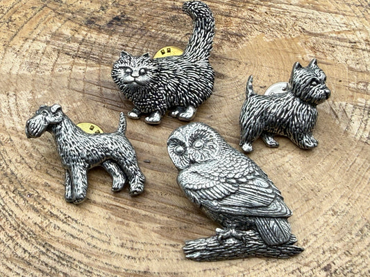 Vintage A.R. Brown Pewter Animal Pin Badge, Set of Four