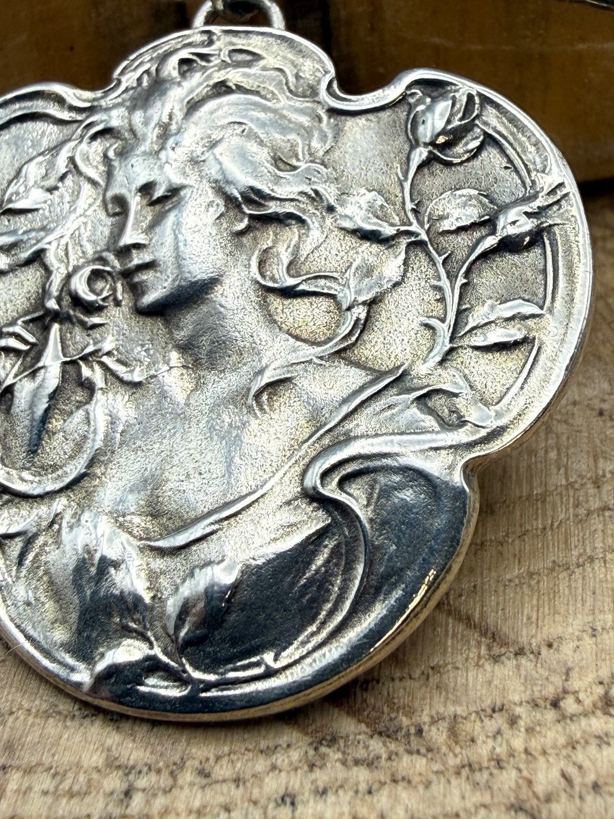 Art Nouveau Style Silver & Enamel Maiden Pendant Necklace