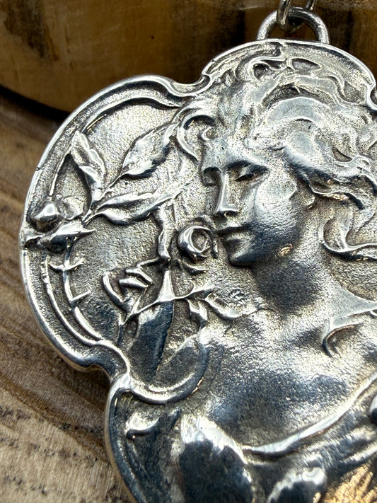 Art Nouveau Style Silver & Enamel Maiden Pendant Necklace