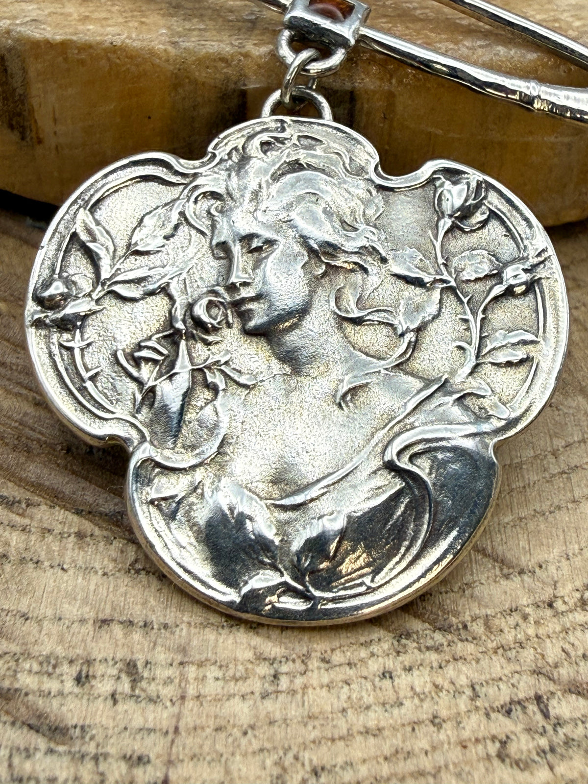 Art Nouveau Style Silver & Enamel Maiden Pendant Necklace
