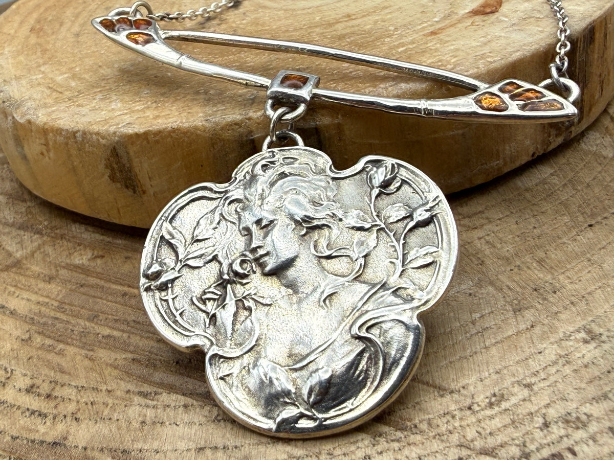 Art Nouveau Style Silver & Enamel Maiden Pendant Necklace