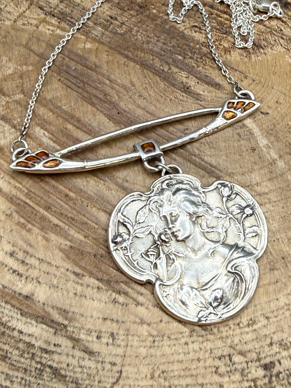 Art Nouveau Style Silver & Enamel Maiden Pendant Necklace