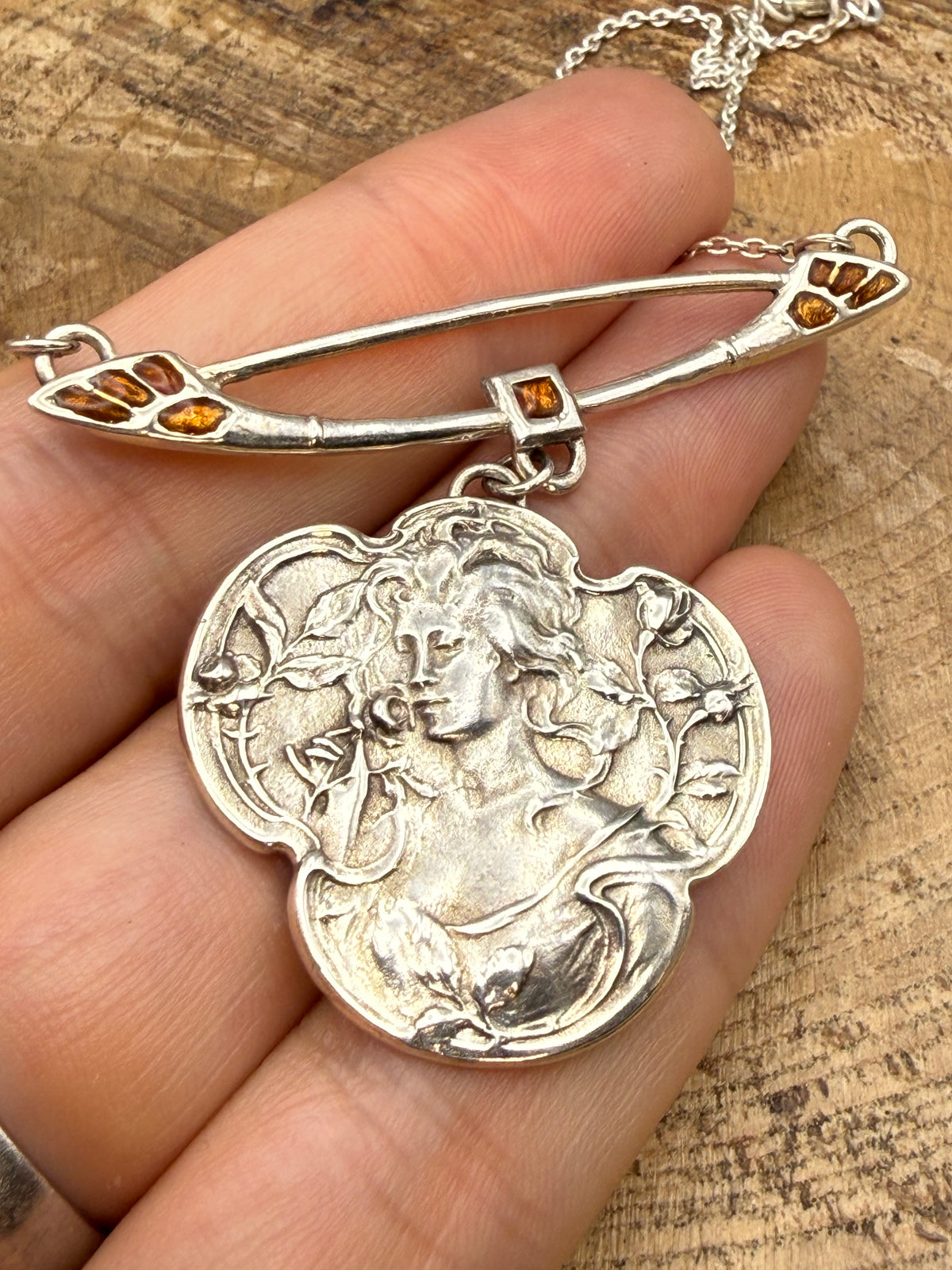 Art Nouveau Style Silver & Enamel Maiden Pendant Necklace