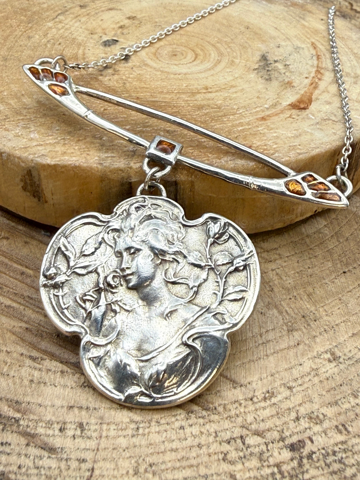 Art Nouveau Style Silver & Enamel Maiden Pendant Necklace