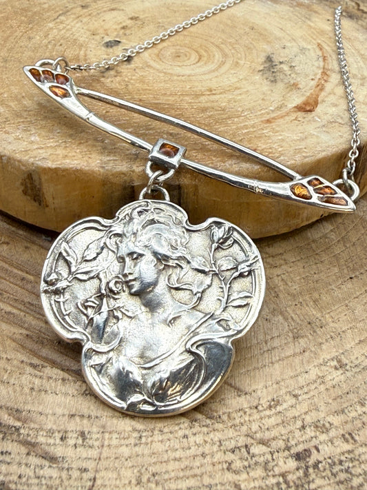 Art Nouveau Style Silver & Enamel Maiden Pendant Necklace
