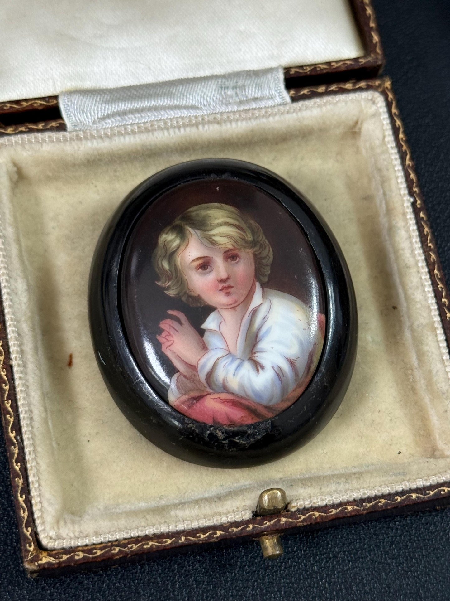 Antique Whitby Jet Handpainted Portrait Brooch