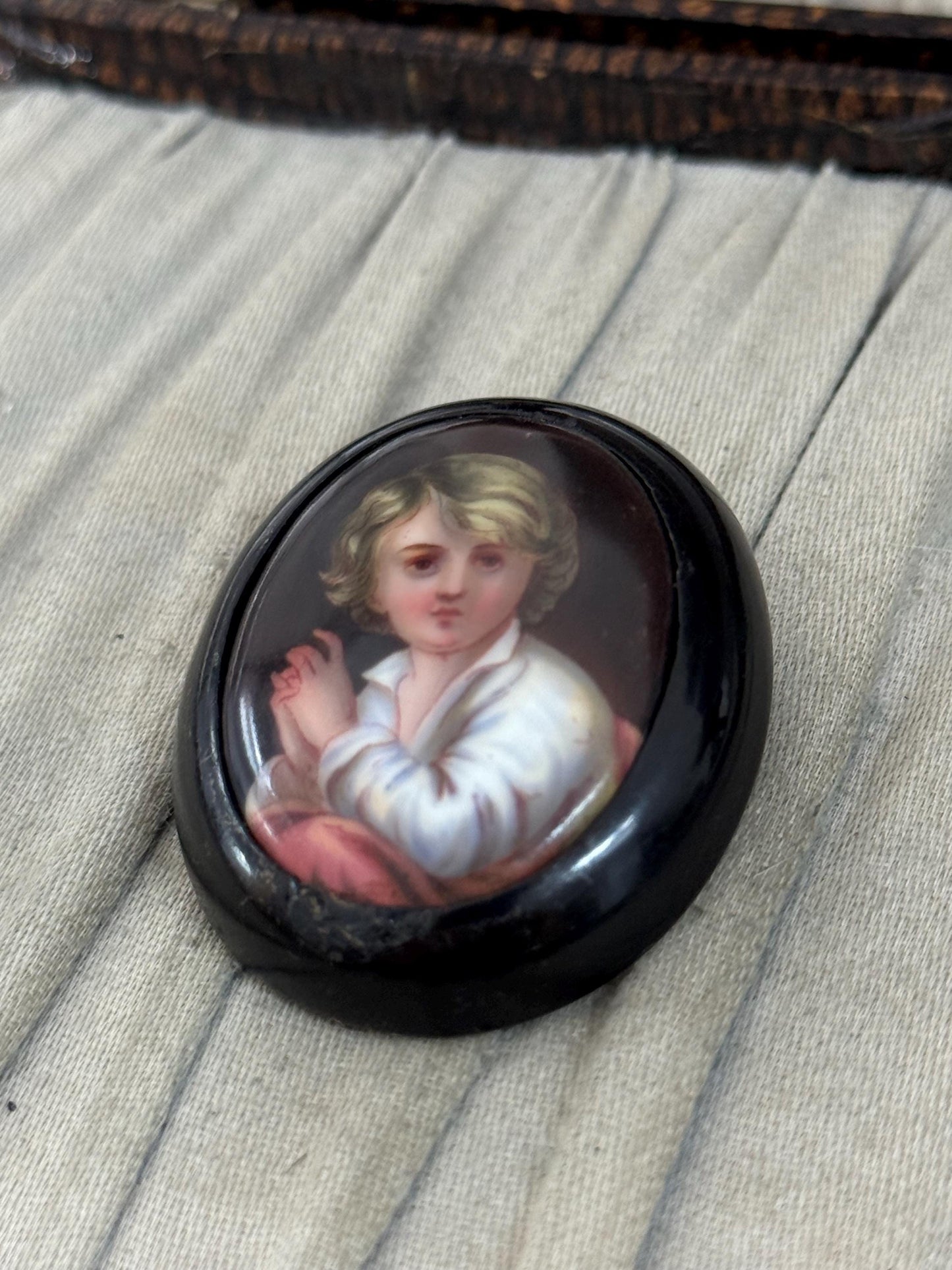Antique Whitby Jet Handpainted Portrait Brooch