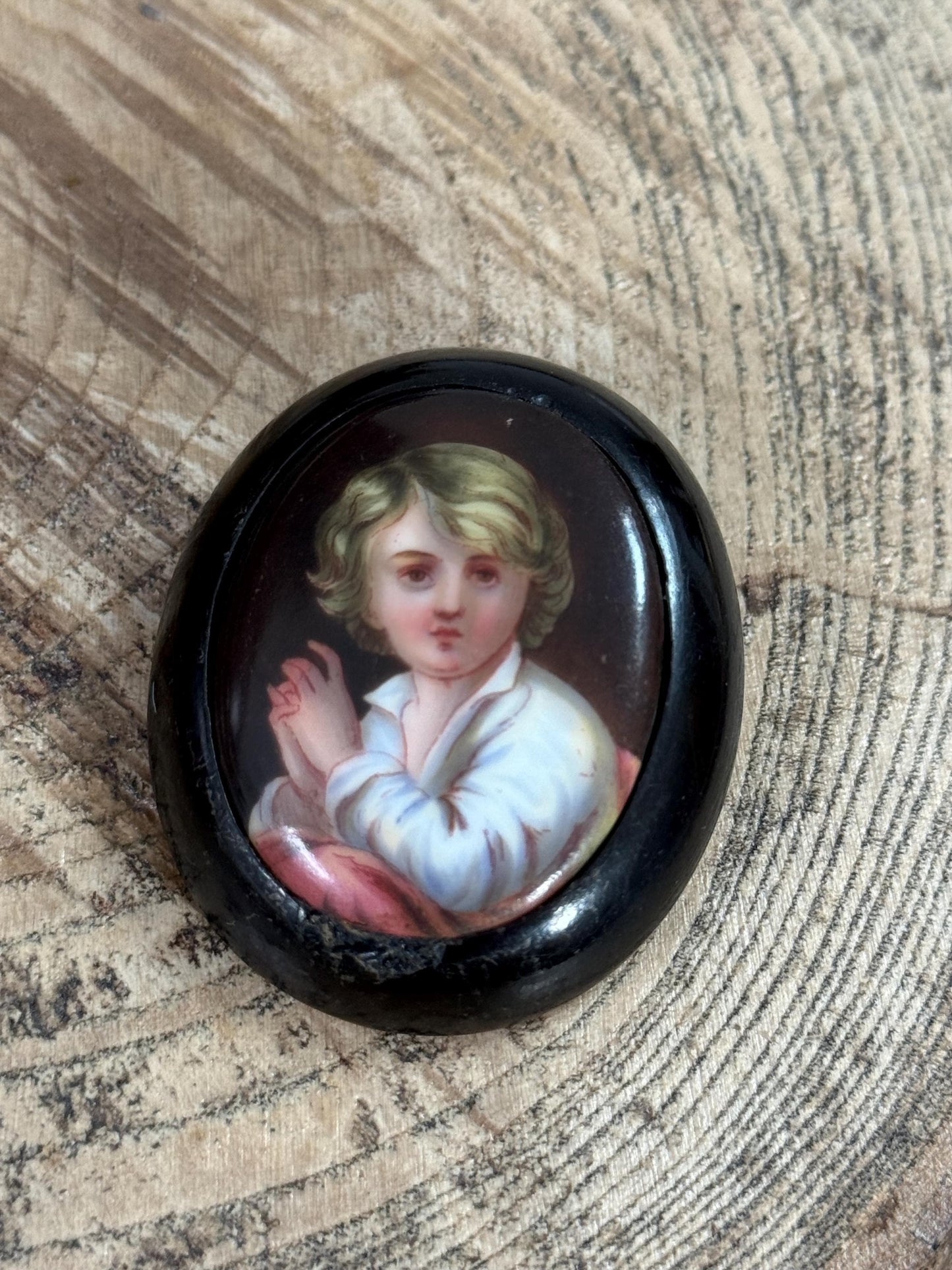 Antique Whitby Jet Handpainted Portrait Brooch