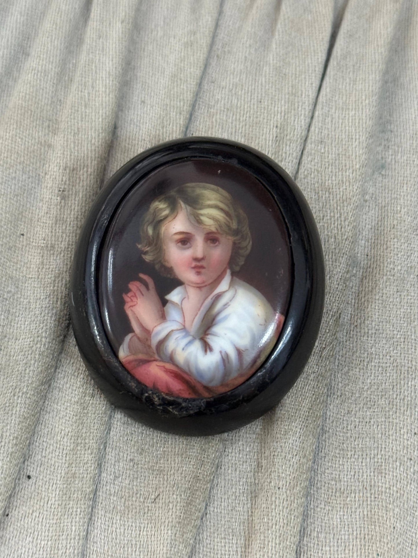 Antique Whitby Jet Handpainted Portrait Brooch