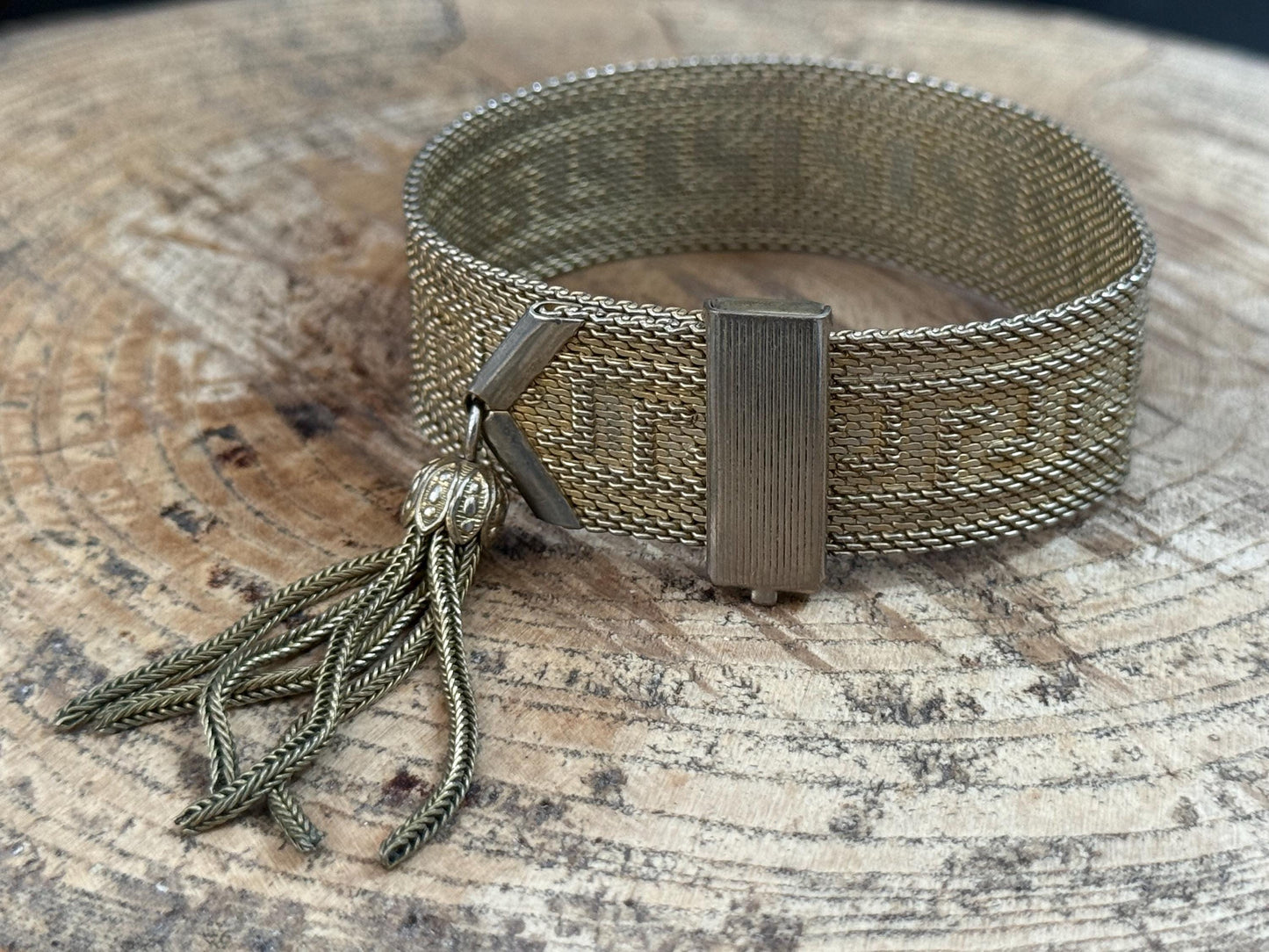 Vintage 1970s Greek Key Tassel Bracelet