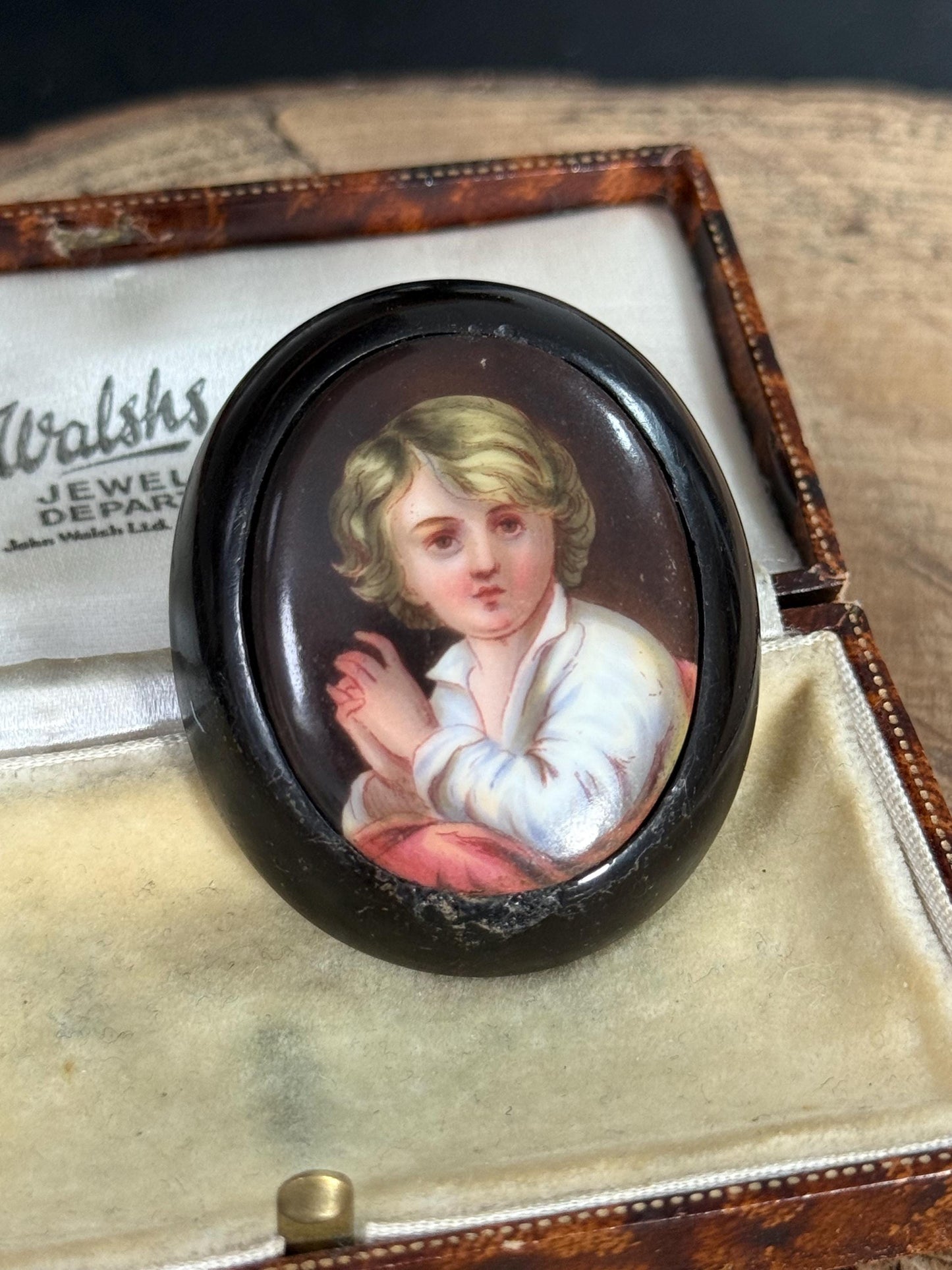 Antique Whitby Jet Handpainted Portrait Brooch