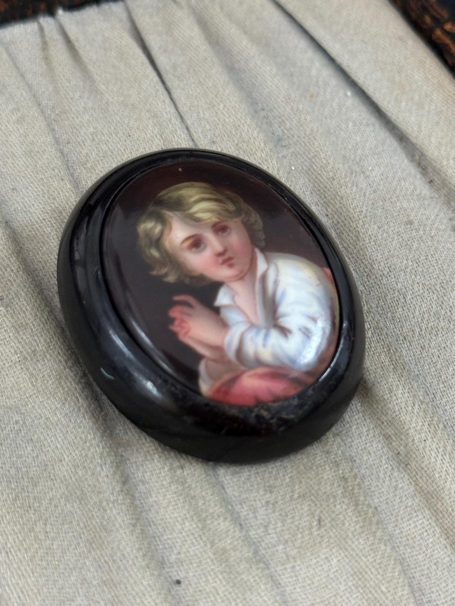 Antique Whitby Jet Handpainted Portrait Brooch