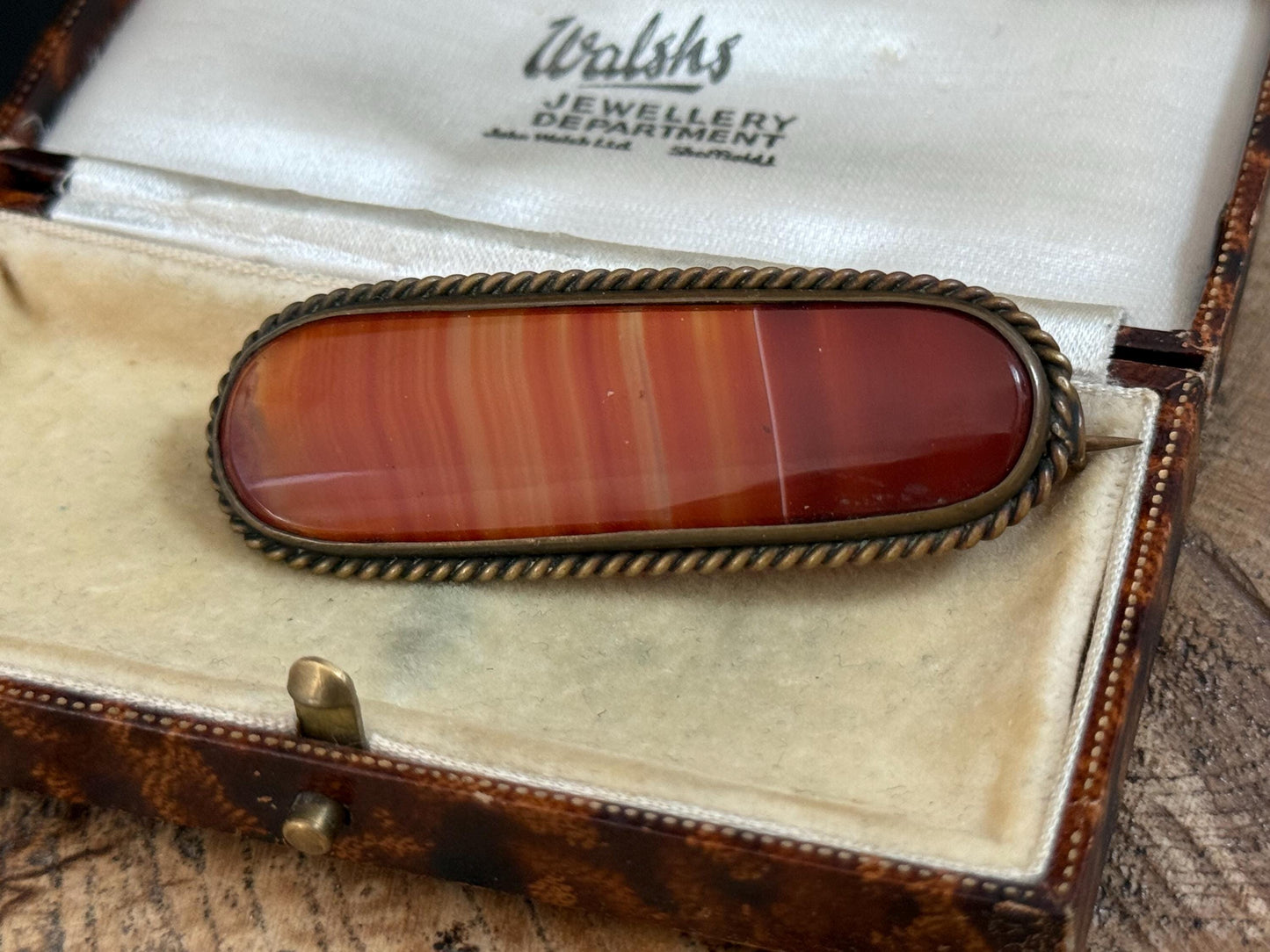 Victorian Scottish Banded Orange Agate Bar Brooch