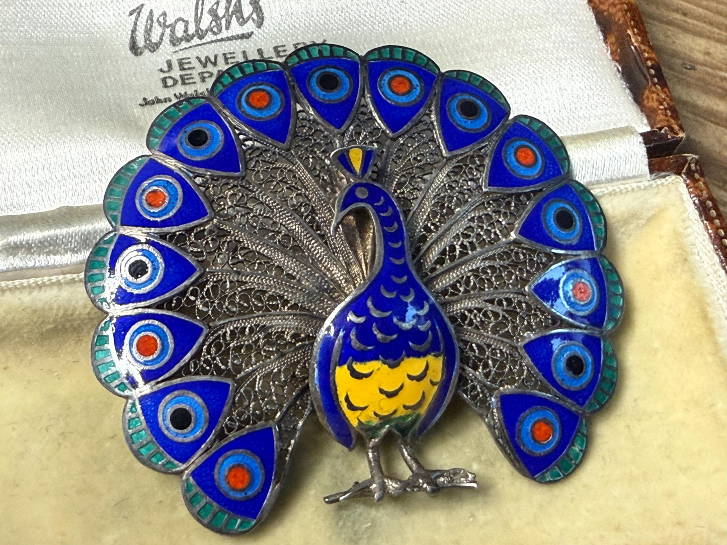 Vintage Silver Filigree & Enamel Peacock Brooch