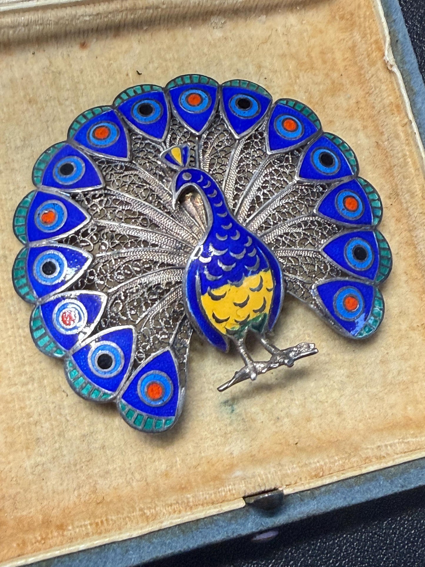 Vintage Silver Filigree & Enamel Peacock Brooch