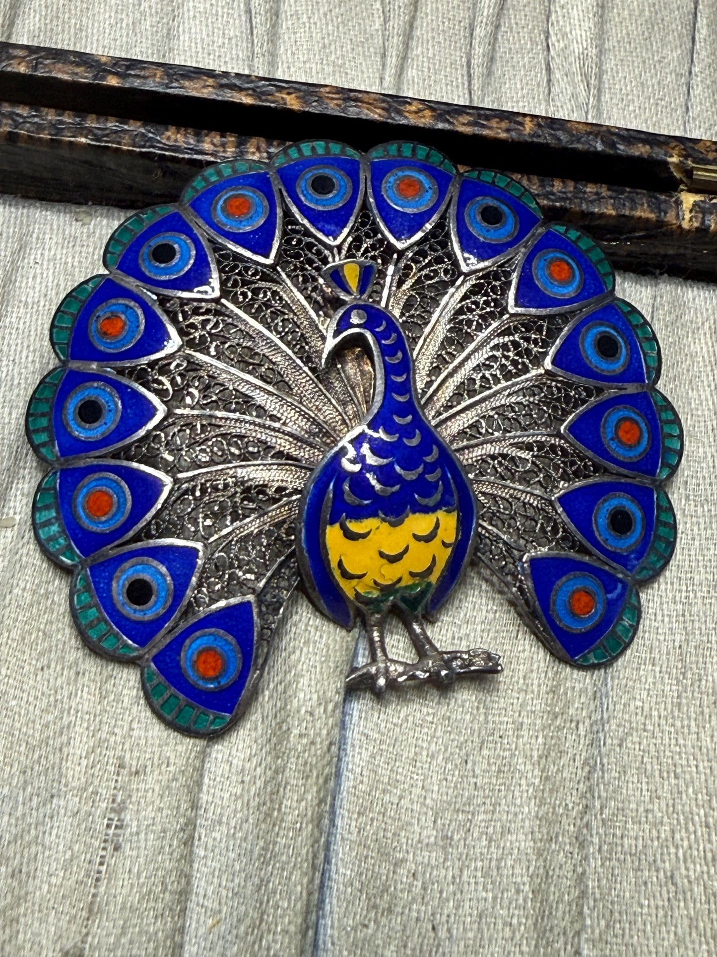 Vintage Silver Filigree & Enamel Peacock Brooch