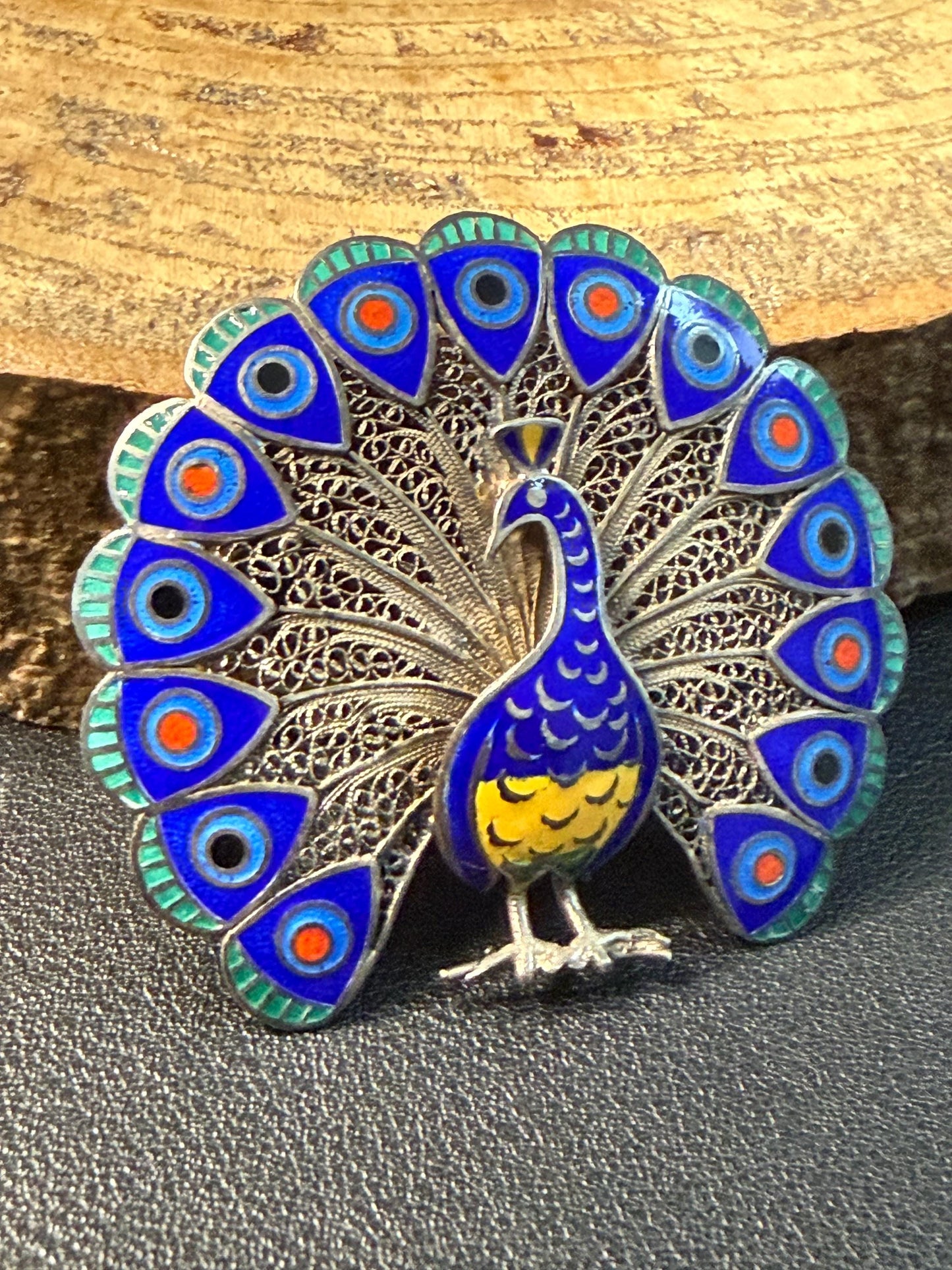 Vintage Silver Filigree & Enamel Peacock Brooch