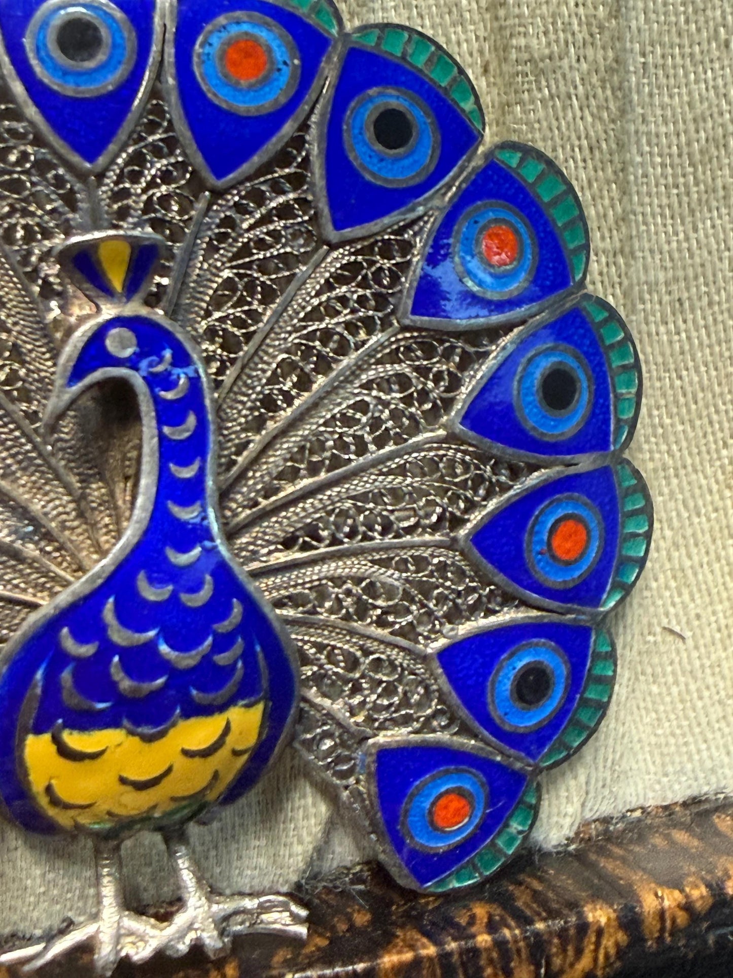 Vintage Silver Filigree & Enamel Peacock Brooch