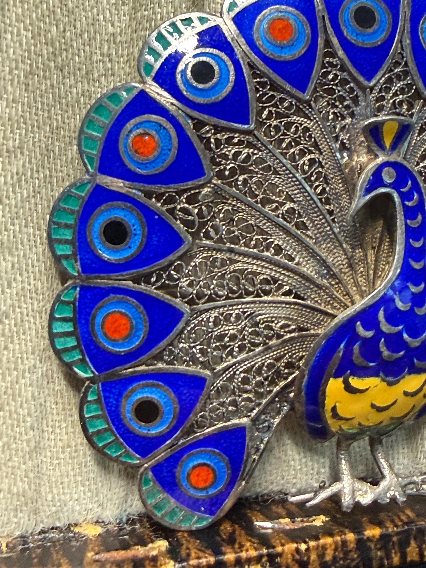 Vintage Silver Filigree & Enamel Peacock Brooch