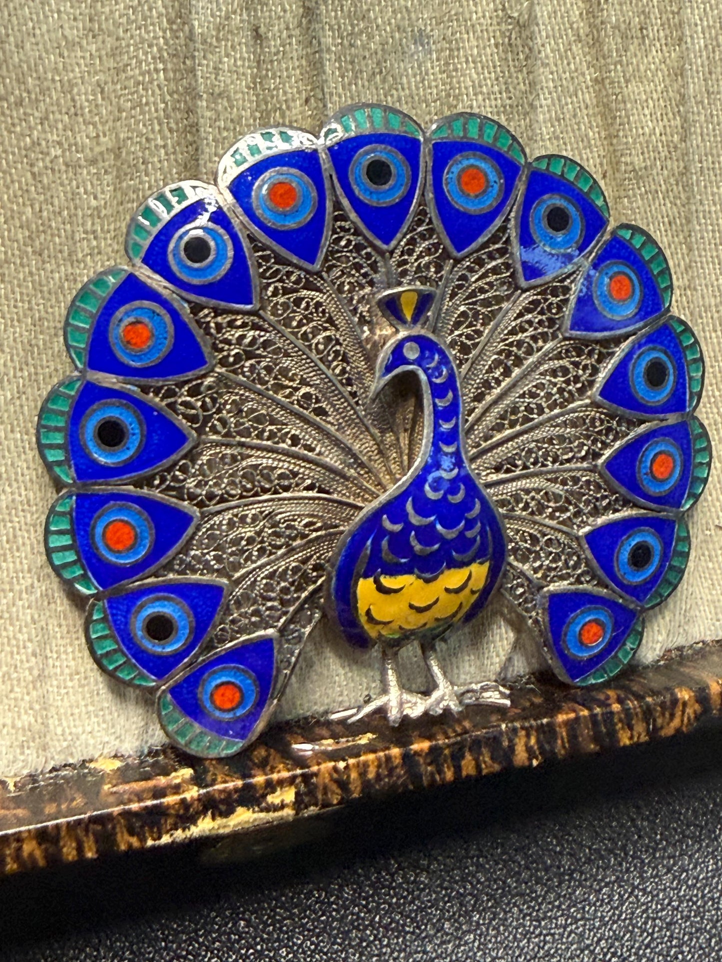 Vintage Silver Filigree & Enamel Peacock Brooch