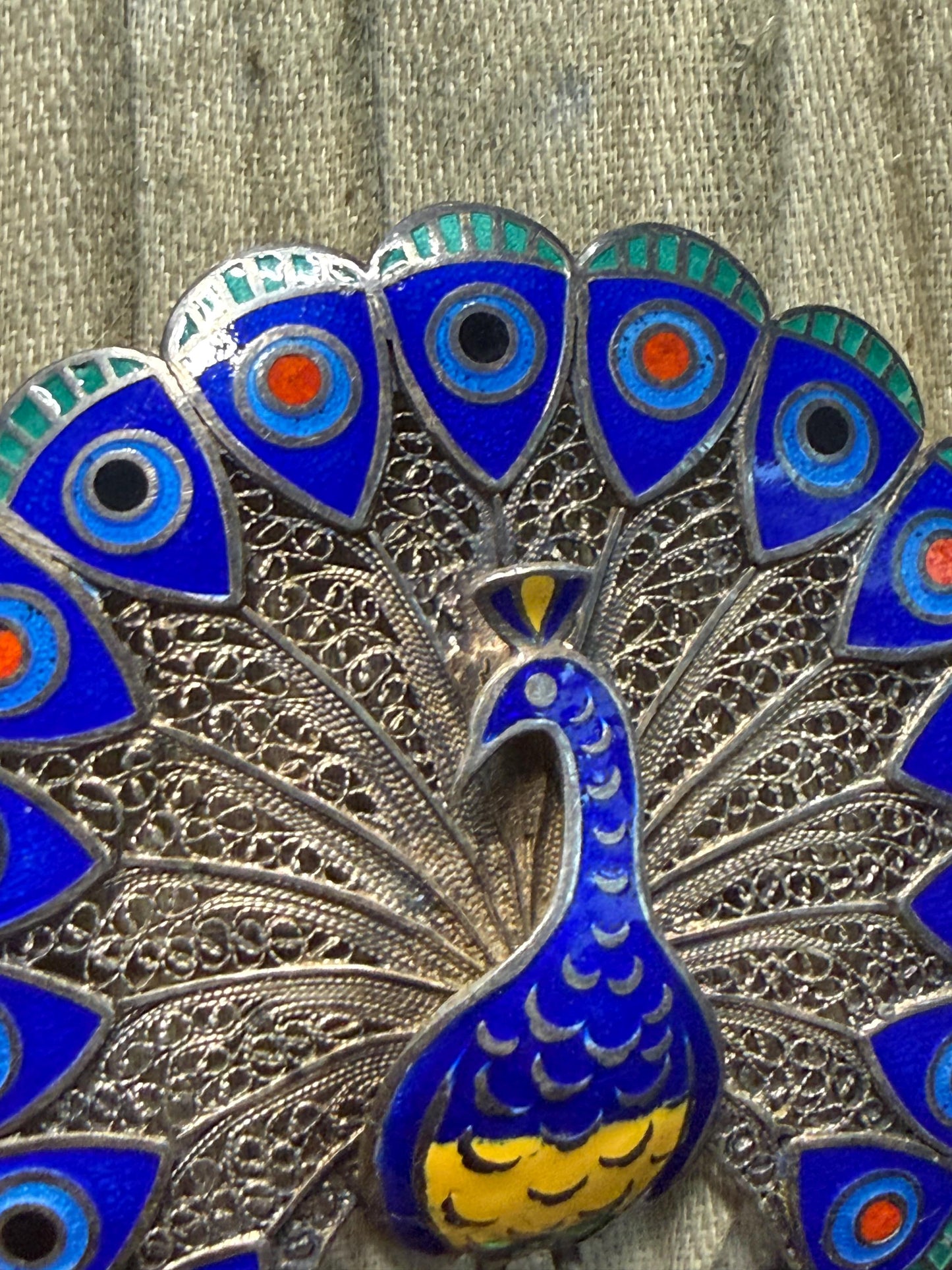 Vintage Silver Filigree & Enamel Peacock Brooch