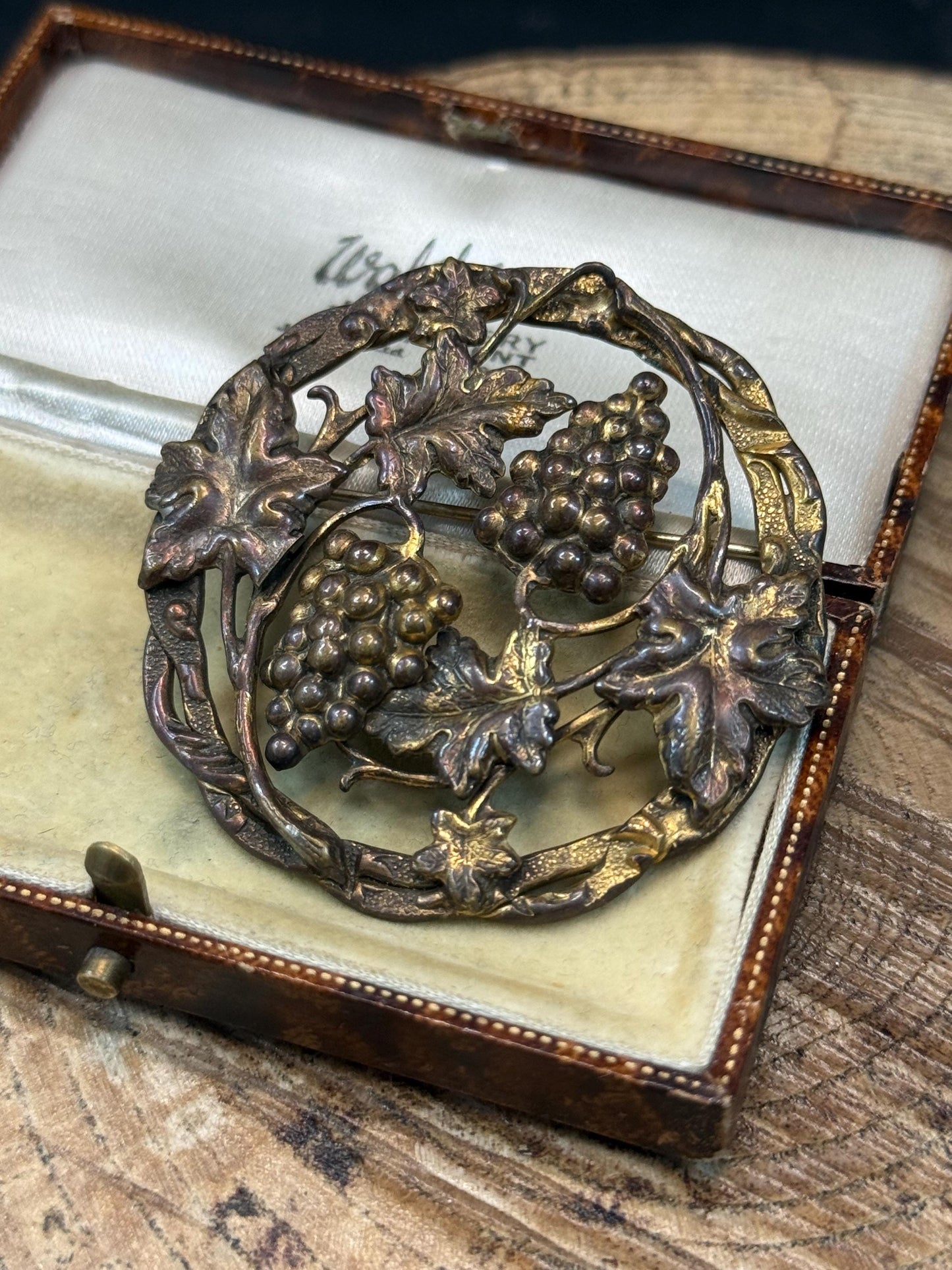 Antique Art Nouveau Grapes & Vine Repousse Brooch