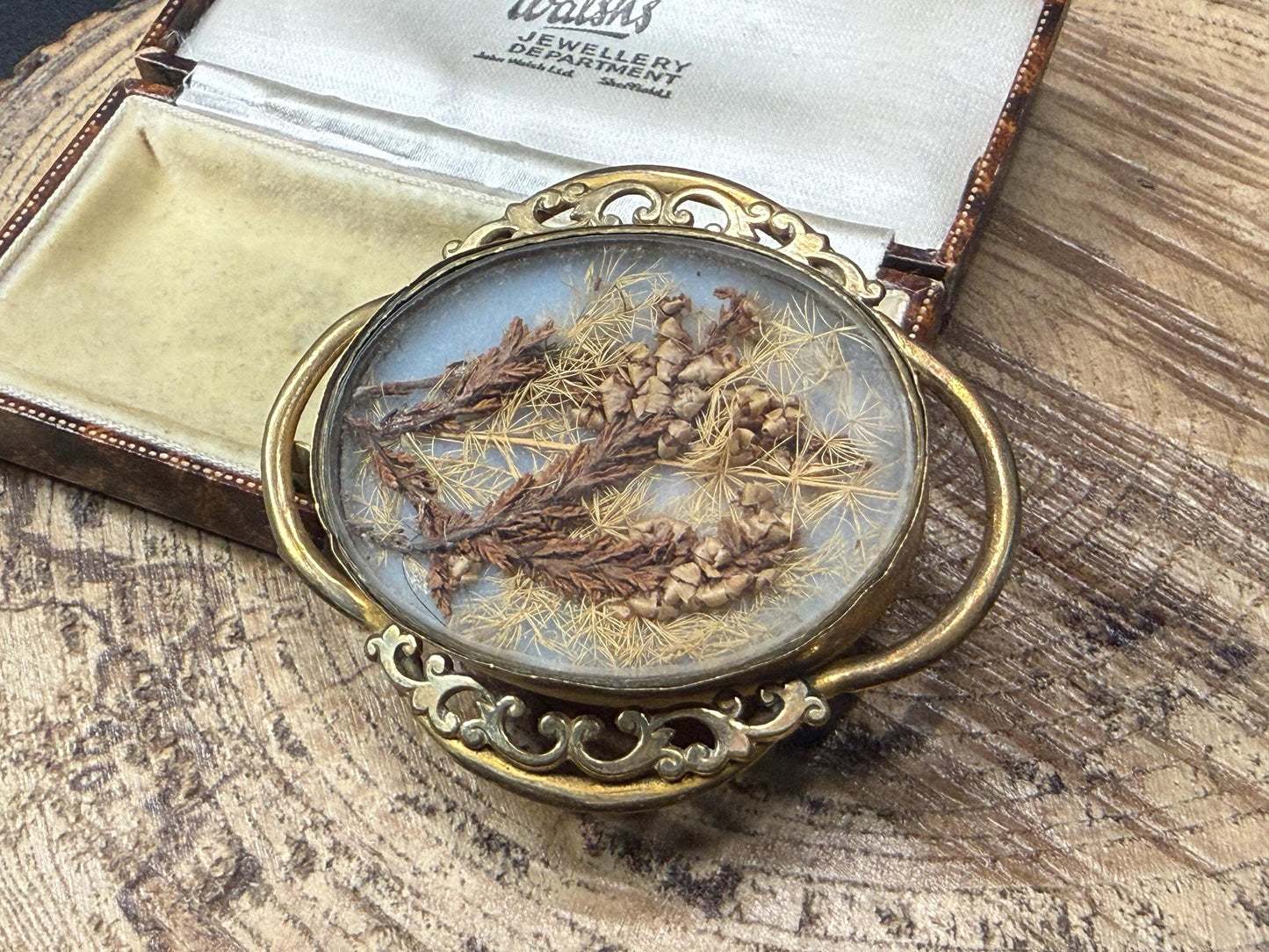 Victorian Dried Flowers Gilt Mourning Brooch