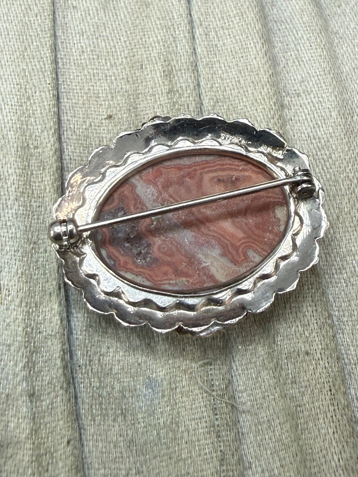 Vintage Sterling Silver Crazy Lace Agate Brooch