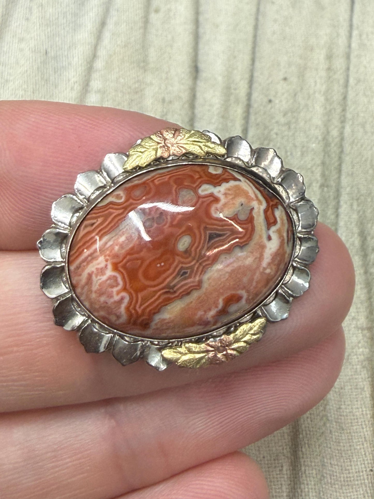 Vintage Sterling Silver Crazy Lace Agate Brooch