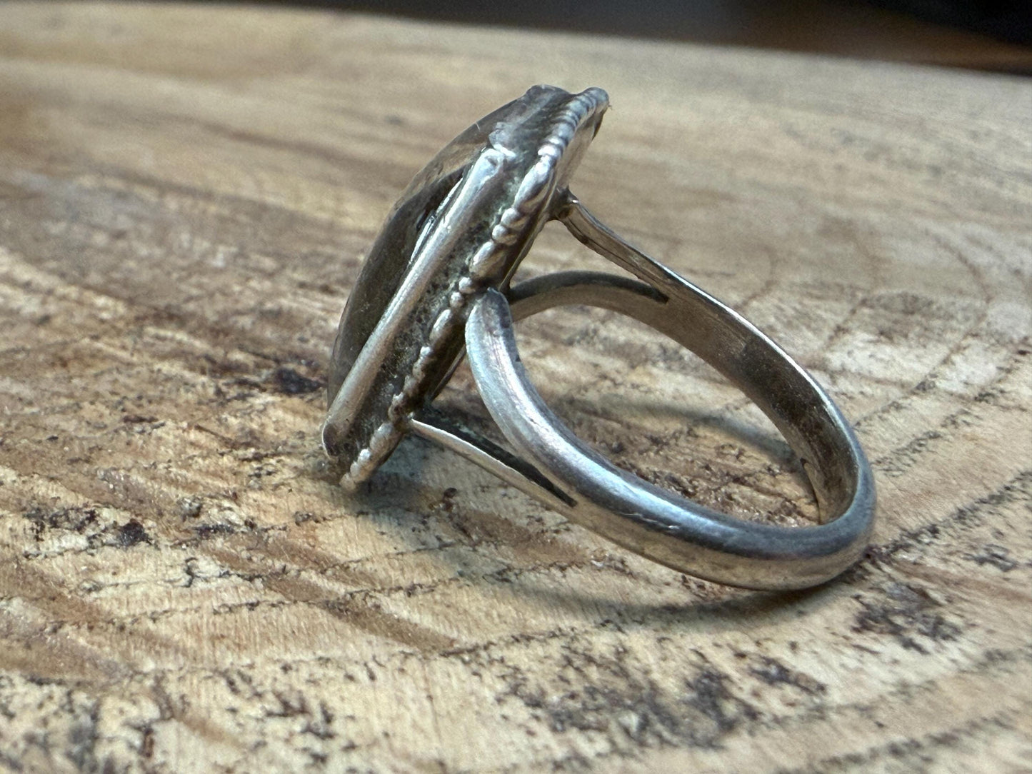 Antique Rectangular Cloudy Glass & Silver Ring