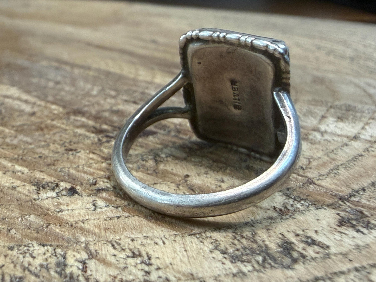 Antique Rectangular Cloudy Glass & Silver Ring