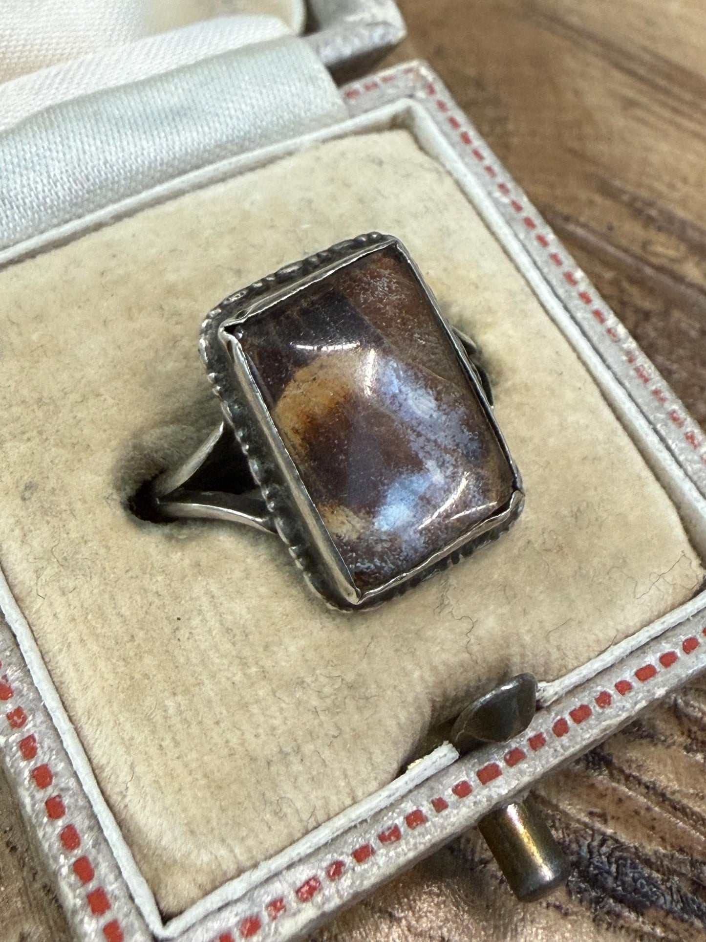 Antique Rectangular Cloudy Glass & Silver Ring