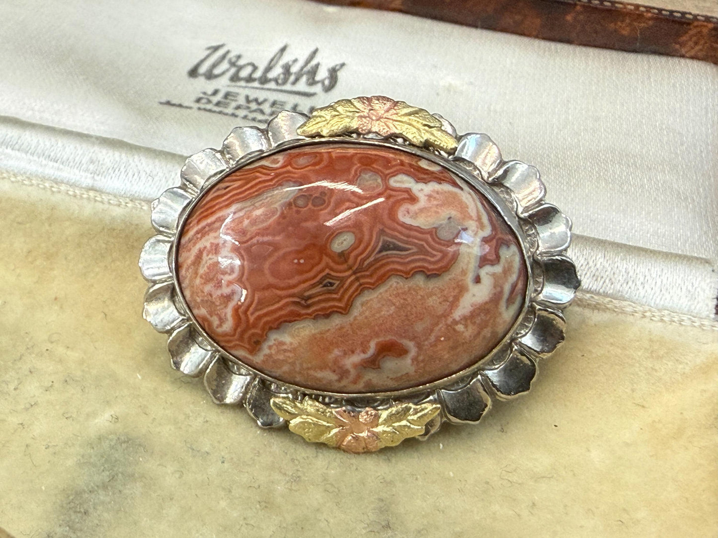 Vintage Sterling Silver Crazy Lace Agate Brooch