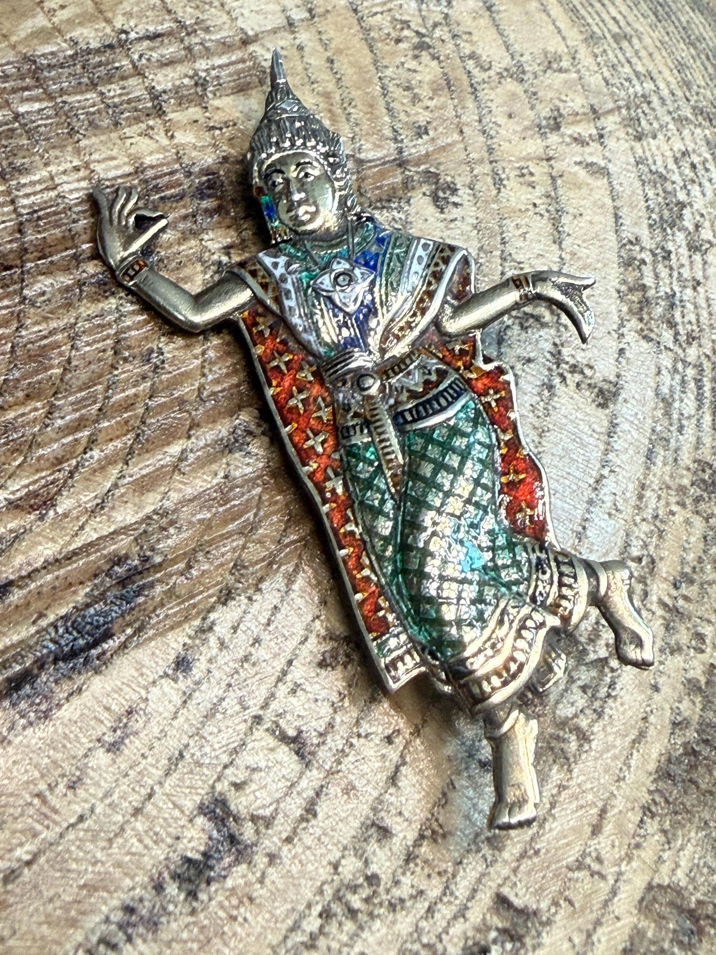 Vintage Siam Sterling Silver & Enamel Dancer Brooch