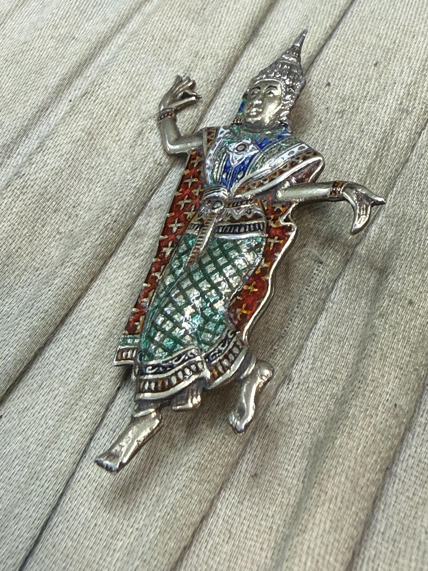 Vintage Siam Sterling Silver & Enamel Dancer Brooch