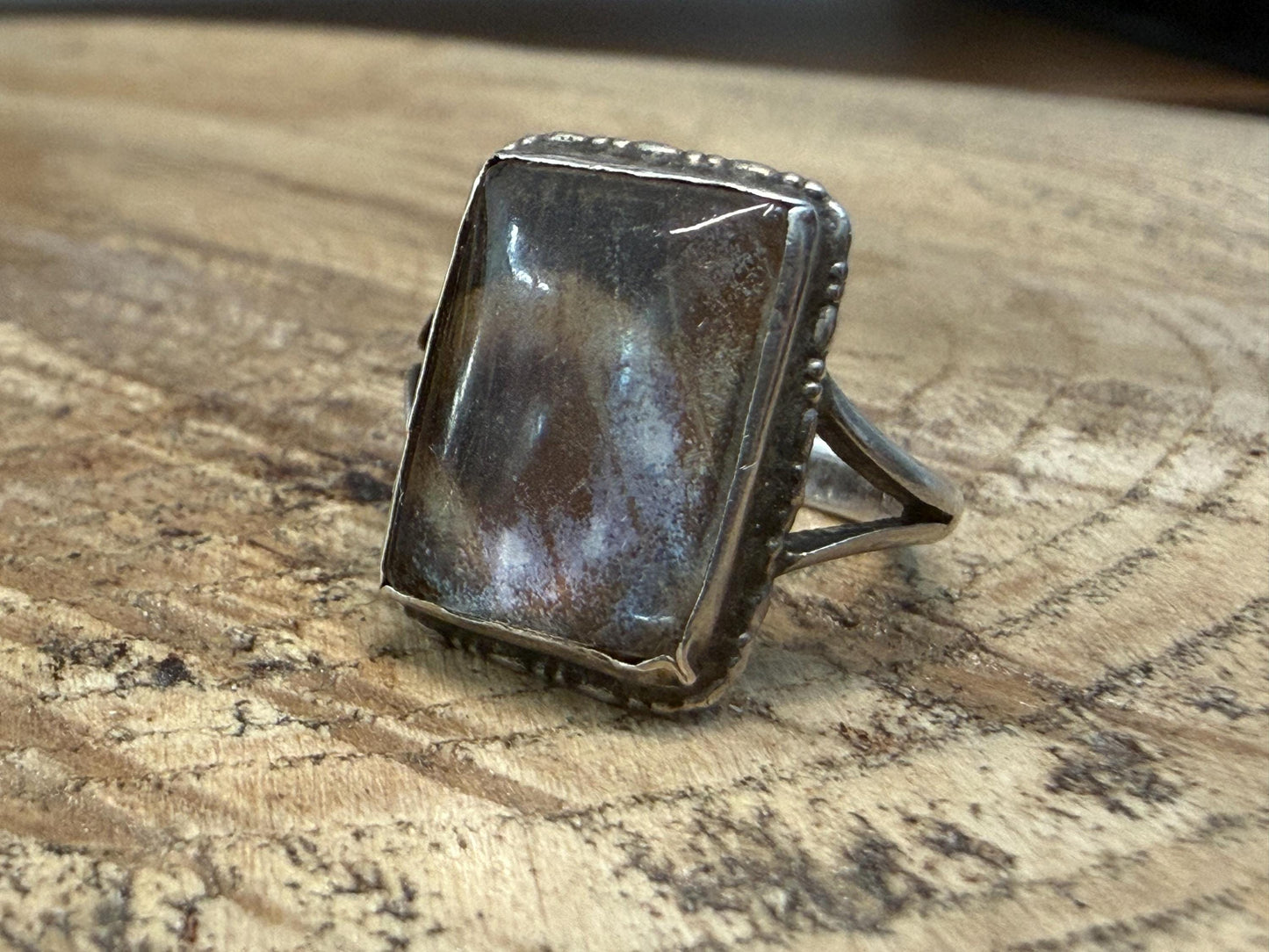Antique Rectangular Cloudy Glass & Silver Ring