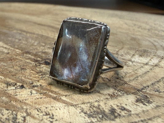 Antique Rectangular Cloudy Glass & Silver Ring