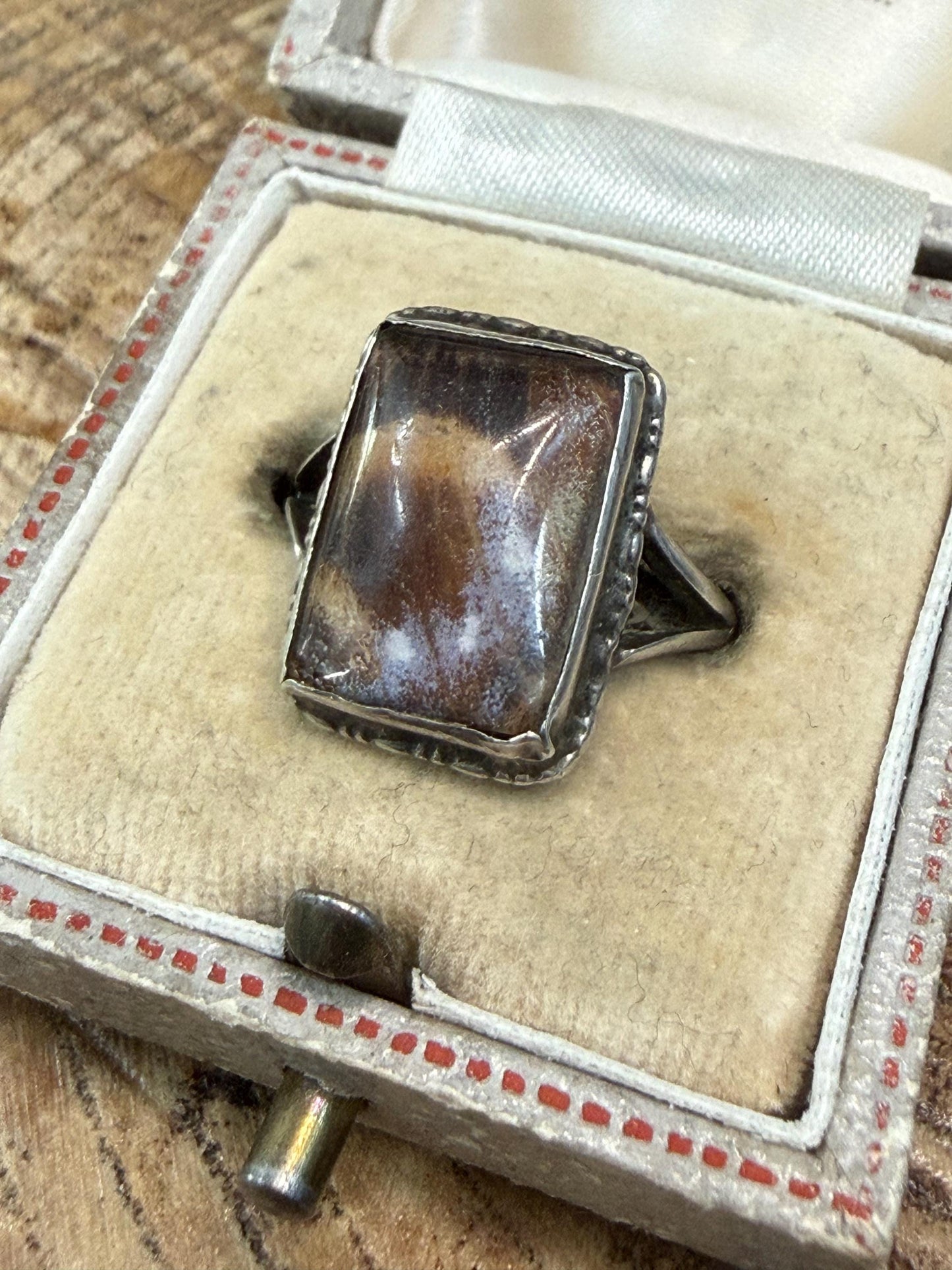 Antique Rectangular Cloudy Glass & Silver Ring