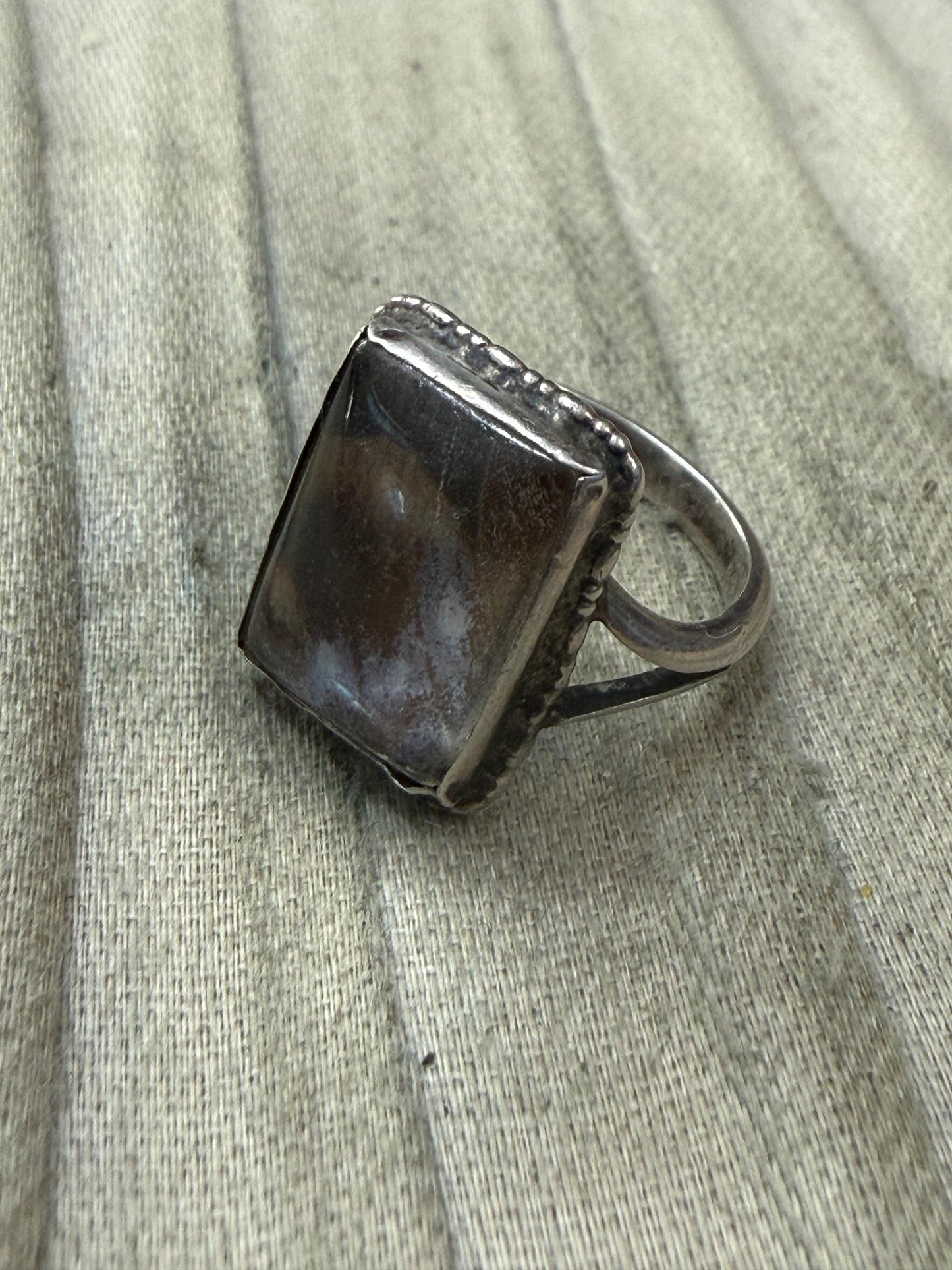 Antique Rectangular Cloudy Glass & Silver Ring