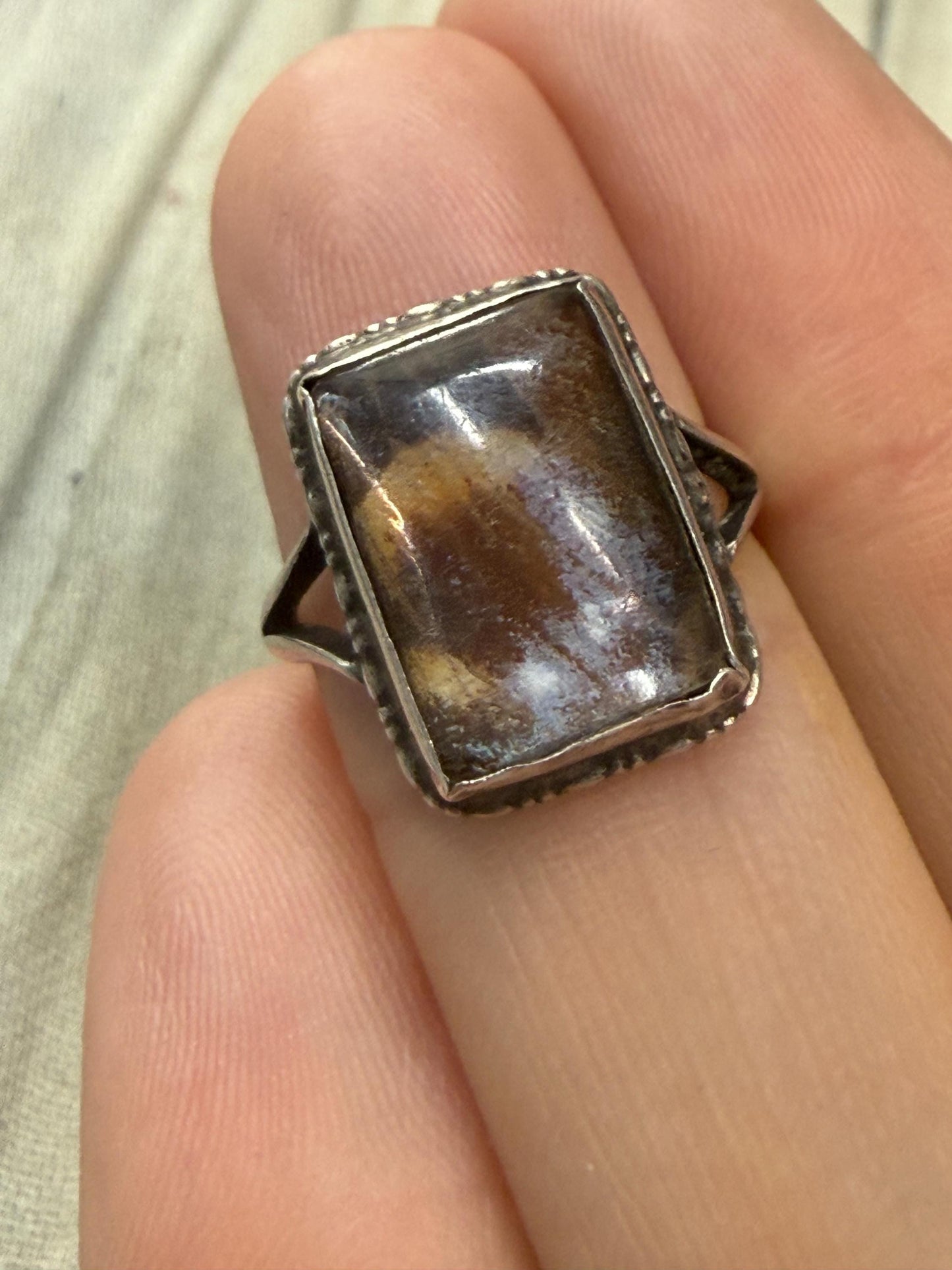 Antique Rectangular Cloudy Glass & Silver Ring
