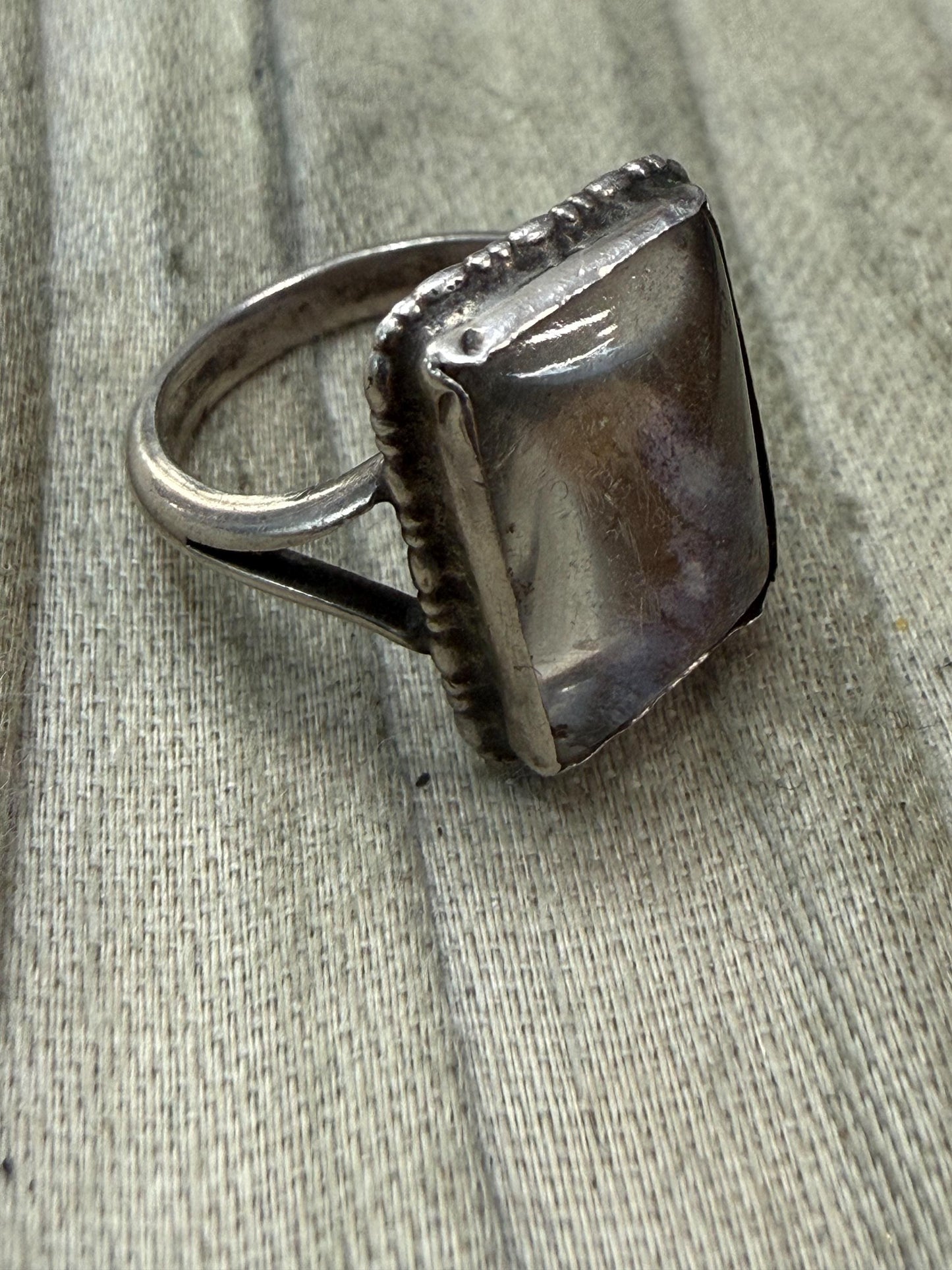 Antique Rectangular Cloudy Glass & Silver Ring